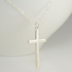 "Hammered cross necklace. Cross necklace. Large cross necklace. Cross long necklace The cross pendant is large and can be worn every day.  ♡ Sterling silver cross pendant is 1.25\" x 11/16\". ♡ Sterling silver necklace chain    - model wears a 22\" necklace ♡ Sterling silver components" Silver Crucifix Necklace For Everyday, Everyday Silver Cross Pendant Necklace, Minimalist Silver Cross Necklace, Silver Crucifix Cross Necklace For Everyday, Simple Everyday Cross Pendant Necklace, Simple Everyday Cross Necklace, Simple Sterling Silver Cross Pendant Necklace, White Cross Necklace With Medium-length Chain, Everyday Sterling Silver Crucifix Necklace