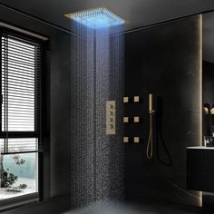 a shower head with the light shining down on it's side, next to a window