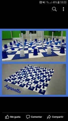 two pictures of blue and white chess pieces on the floor with words in different languages