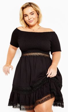 Dress your curves in chic style with the Aura Dress, finished in a timeless black. Shop women's plus size fashion online at City Chic. Plus Size Models, Lingerie Dress, Date Night Dresses, Crochet Details, Fit N Flare Dress, City Chic, Plus Size Dress, Workwear Dress, Alternative Fashion