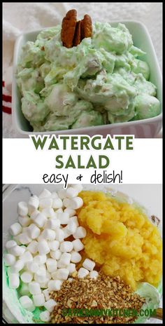 two pictures with different types of food in them and the words, watergate salad easy + delish