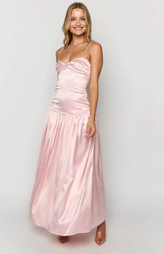 Light Pink Floor Length Dress, Prom Dresses Shopping, Love Shack Fancy Pink Dress, Simple Ball Dresses, Blush Pink Satin Bridesmaid Dresses, Dresses For Winter Dance, Light Pink Formal Dress Long, Drop Waist Maxi Dress, Drop Waist Prom Dress