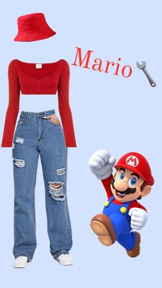 mario is wearing jeans and a red top with a wrench on his head,