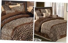 two pictures of the same bedding with different animal prints on it and zebra print pillows