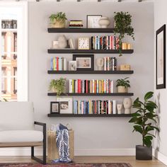 a living room filled with furniture and bookshelves next to a large potted plant