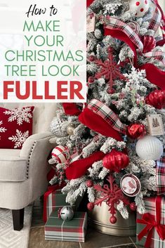 a christmas tree decorated with red, white and green ribbon is featured in this post