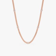 minimalist solid 14k rose gold cuban chain necklace with five diamond bezels Elegant Rose Gold Round Chain Necklace, Rose Gold Link Chain Necklace For Formal Occasions, Elegant Diamond Curb Chain Jewelry, Elegant Oval Link Curb Chain Necklaces, Elegant Chain Link Diamond Necklace For Gift, Rose Gold Oval Link Timeless Necklace, Elegant White Gold Necklaces With Curb Chain, Timeless Rose Gold Chain Jewelry, Formal Fine Jewelry Diamond Necklace With Chain Link