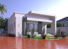 this is a 3d rendering of a modern house in the middle of a tropical area