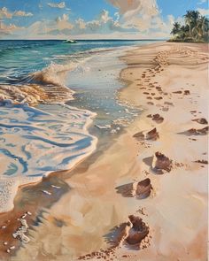 a painting of footprints in the sand on a beach