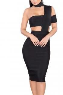 Sexy black Bandage bodycon choker mid length dress Black Bandage Dress For Night Out And Party Season, Knee-length Bandage Mini Dress For Night Out, Midi Length Bodycon Dress For Club And Party Season, Fitted Black Bandage Dress For Club, Black Fitted Bandage Dress For Club, Fitted Bandage Dress For Party Season Date Night, Knee-length Flirty Bodycon Dress For Club, Stretch Bandage Bodycon Dress For Night Out, Trendy Formal Bodycon Dress