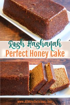 two pictures of different types of cake on plates with the words, rosh hashah perfect honey cake