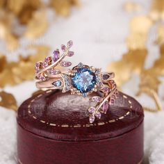 Vintage Alexandrite Engagement Ring Set Rose Gold Alexandrite Moon Wedding Ring Set Leaf Amethyst Enhancer Wedding Band Rings For Women If you want to see more pictures of this ring in white gold, follow this link. https://www.etsy.com/listing/1360543889/vintage-alexandrite-floral-engagement?click_key= ITEM DESCRIPTION Metal Type: yellow, white or rose solid 14 or 18k gold. Size: All sizes are available, contact me if they do not contain the size you want in the drop-down menu. ❀Engagement ring Blue Amethyst Wedding Ring With Accent Stones, Blue Amethyst Wedding Ring, Blue Amethyst Ring For Wedding, Vintage Purple Rings For Wedding, Wedding Ring And Band Sets, Blue Amethyst Wedding Jewelry, Purple Sapphire Wedding Ring, Elegant Purple Flower Wedding Ring, Magical Engagement Rings