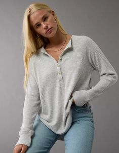 AE Plush Long-Sleeve Henley T-Shirt Aerie Long Sleeve Ribbed Henley T-shirt, Aerie Henley Long Sleeve, Long Sleeve Basics, Comfy Mom Clothes, Simple Tops For Women, Macy Aesthetic, Women’s Fashion, Long Sleeve Womens Shirts, American Eagle Clothes