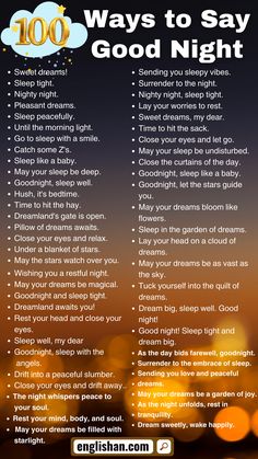 a poster with the words, ways to say good night