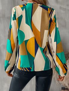 Bjux - Womens Spring and Fall Casual Long Lantern Sleeve Blouse with Geo Printed V-neck Design Trendy V-neck Blouse With Graphic Print, Chic V-neck Blouse With Graphic Print, Chic Multicolor Print V-neck Blouse, Green Printed V-neck Top, Multicolor Print V-neck Top For Fall, Patterned Abstract Print V-neck Top, Long Sleeve Tops With Abstract Pattern For Summer, Spring V-neck Top With Colorful Pattern, Chic Multicolor Tops With Geometric Pattern