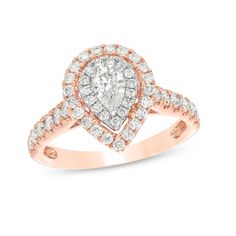 Honor her with the sparkle of this fancy-cut diamond engagement ring. Crafted in 14K rosegold, this timeless look shimmers with a 1/4 ct. pear-cut diamond wrapped in two teardrop-shaped halo frames. The shank also dazzles with diamonds. Tantalizing with 1 ct. t.w. of diamonds and a brilliant buffed luster, this engagement ring is just her style. Rose Gold Pear-shaped Diamond Ring With Prong Setting, Pear-shaped Rose Gold Diamond Ring With Halo Setting, Pear Shaped Wedding Rings, Pear Shaped Diamond Engagement Rings, Double Frame, Engagement Ring Shapes, Pear Cut Diamond, Engagement Ring Diamond Cut, Buying Diamonds