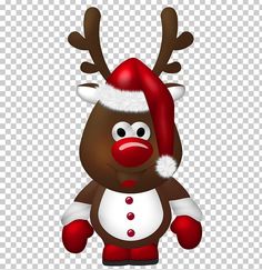 a reindeer wearing a santa claus hat and red mittens, with his nose open