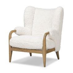 a white chair with sheepskin on it's back and arms, against a white background