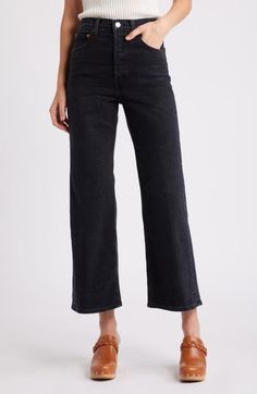 Wide legs and a cropped cut give these stretch-kissed jeans in a faded, stormy wash a retro vibe that's incredibly modern. Zip fly with button closure Five-pocket style 95% cotton, 4% elasterell-p, 1% Lycra® spandex Machine wash, tumble dry Imported High Rise Washed Black Flare Jeans For Work, Washed Black Straight Leg Cropped Jeans For Fall, Washed Black Cropped Jeans For Work, Trendy Mid-rise Cropped Jeans With Button Closure, Chic Washed Black Jeans For Work, Cropped Dark Wash Jeans For Fall, Fall Cropped Jeans With Button Closure, Fall Cropped Dark Wash Jeans, Washed Black Straight Leg Jeans With Button Closure