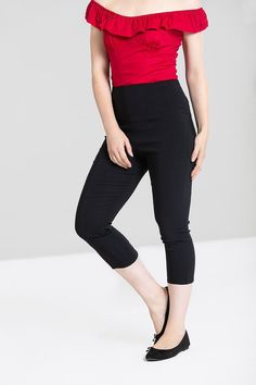 Hell Bunny Retro Tina Black Capris Fitted Capri Length Pants For Work, Fitted Workwear Capri Pants, Fitted Capri Length Work Pants, Stretch Cropped Leg Capris For Workwear, Stretch Workwear Capris With Cropped Leg, Chic Black Capri Pants, Chic Black Capri Length Bottoms, Stretch Cropped Bottoms For Workwear, Stretch Cropped Leg Bottoms For Work