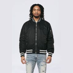 Smoke Rise Men's MA1 Bomber Jacket Black - Online Exclusive New York Streetwear, Korea Design, Heavy Jacket, Black Style, Team Colors, Everyday Outfits, Black Fashion, Going Out, Bomber Jacket