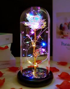 a rose in a glass dome with colorful lights on the base and petals scattered around it