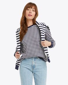 Natalie Sweatshirt in Navy Gingham – Draper James Classic Plaid Tops For Fall, Casual Plaid Tops For Layering, Long Sleeve Cotton Top With Houndstooth Pattern, Preppy Plaid Cotton Top, Relaxed Fit Gingham Cotton Top, Relaxed Fit Cotton Gingham Tops, Plaid Long Sleeve Tops For Casual Gatherings, Relaxed Fit Gingham Tops For Workwear, Spring Plaid Relaxed Fit Tops