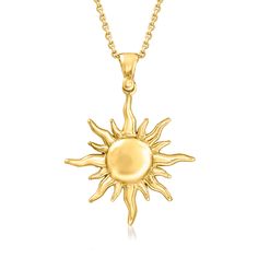 Ross-Simons - Italian 18kt Gold Over Sterling Sun Pendant Necklace. 18". Shine under your very own Tuscan sun! Direct from Italy, this 18kt yellow gold over sterling silver sun pendant necklace is a stylish symbol of energy, positivity and power. Suspends from a cable chain with a 2" extender. Lobster clasp, 18kt gold over sterling sun pendant necklace. Gold Necklace Sun, Sun Pendant Necklace, Gold Sun Jewelry, Gold Jewelry Aesthetic Necklaces, Sunburst Jewelry, Sun Pendant Gold, Sun Accessories, Gold Sun Necklace, Sun Jewelry