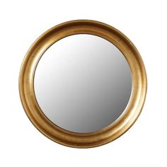 a round mirror is shown against a white background with the reflection of it's gold frame