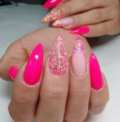 Pink Sparkle Nails, Pink Gel Nails, Finger Nail Art, Fancy Nails Designs, Stylish Nails Designs, Pink Nail Art, Almond Nails Designs, Really Cute Nails, Sparkle Nails