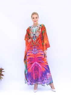 Unleash  the inner magic with new vibrant kaftan dress, inspired by the graceful wings of birds, floral print and the decorated highlight at neckline. This fancy and happy dress will brings you to a world of wonder, where you can fly free and embrace your unique beauty. The fabric is blended silk so the care is more easier with washing and iron, in addition less wrinkles. It's totally smoothly flowy, soft and gentle touch. Note: There is no crystal/bead/ or sequin on the neck line ( if you requi Multicolor Digital Print Dress For The Beach, Multicolor Digital Print Beach Dress, Multicolor Long Sleeve Tunic With Digital Print, Beach Dress With Multicolor Digital Print, Multicolor Print Long Sleeve Dress For Festival, Long Sleeve Multicolor Print Dresses For Festival, Festive Long Sleeve Kaftan With Digital Print, Festive Multicolor Floral Print Kaftan, Multicolor V-neck Kaftan For Festivals