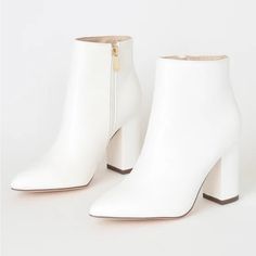 Ankle Boots With 3.5 Inch Block Heel And Side Zipper- Shipped In All Original Packaging And Box, Never Worn, On To Try On White Leather Boots, Pointed Boots, White Ankle Boots, White High Heels, High Ankle Boots, Block Heel Boots, White Heels, High Heel Boots Ankle