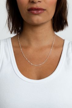 Life is too short to wear boring jewelry. With Harlow, you get the classic feel of a chain necklace, with a modern twist in design. Intricate detailing gives this piece a fresh, luxe feel for everything from cocktail parties to jeans and tees. Add your favorite charm to complete your look. Sterling silver 3mm chain width Available in 3 lengths Trendy Oval Link Silver Chain Jewelry, Trendy Silver Chain Jewelry With Oval Link, Everyday Long Silver Chain Necklace, Trendy Silver Jewelry With Figaro Chain, Chic Silver Chain Choker Necklace, Chic Silver Chain Link Jewelry, Chic Silver Clavicle Chain Necklace, Modern Silver Necklace With Figaro Chain, Classic Party Necklace With Adjustable Chain