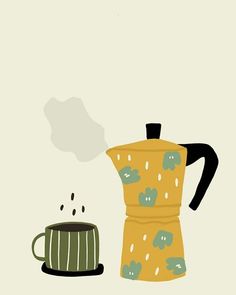 an illustration of a coffee pot next to a cup with steam coming out of it