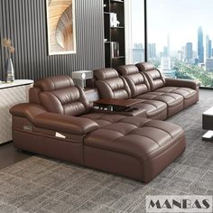 a living room filled with brown leather couches next to a large window overlooking the city