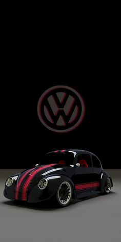 the vw bug is black and red with stripes on it's side, in front of a dark background