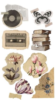 an assortment of old - fashioned paper with flowers, books and butterflies on top of them