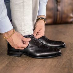 Also known as a wingtip, the Full Brogue is easily identifiable as one of the most classic pairs of dress shoes on the market. Featuring a brogue pattern along the sides as well as the toe cap, everyone needs a Full Brogue in their shoe closet. The Details: Materials: black box calf Sole: dark red goodyear leather sole plain Last: Zurigo - Rounded toe for fraditional English Look What is Fast Lane? Fast lane is our new experimental 7 day made to order collection, an ambitious never been heard of Custom Made Shoes, Brogue Shoes, Shoe Tree, Painting Leather, High Quality Shoes, Shoe Closet, Goodyear Welt, Black Box, Black Laces