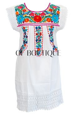 "Women's Knee-Length Puntilla Mexican Dress - White - Beautiful embroidery - Fiesta attire - Poly/Cotton Blend Measurements: Small: Bust: 34-36\" -- Length: 35\" Medium: Bust: 36-38\" -- Length: 37\" Large: Bust: 40-42\" -- Length: 38\" X-Large: Bust: 44-46\" -- Length: 39\" XXL: Bust: 47-48\" -- Length: 39\" 3XL: Bust: 50-52\" -- Length: 39\" 4XL: Bust: 54-56\" -- Length: 39\" NOTE: Due to the handmade nature of these dresses, the embroidery may vary from dress to dress since each is individual White Geometric Embroidery Dress For Summer, White Dresses With Geometric Embroidery For Summer, Fitted White Dresses With Embroidered Hem, Fitted White Dress With Embroidered Hem, White Fitted Dress With Embroidered Hem, White Beach Dress With Geometric Embroidery, Fitted White Embroidered Dress With Embroidered Hem, Traditional White Embroidered Neckline Dress, White Short Sleeve Dress With Geometric Embroidery