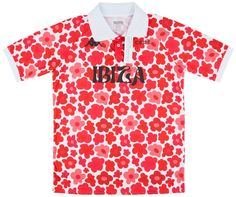 a red and white polo shirt with flowers on the front, in black lettering that says usa