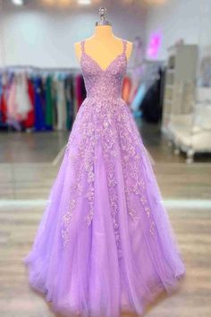 Gorgeous Lavender A-Line Long Formal Dress with Appliques Light Purple Prom Dress, Formal Wedding Guests, Long Formal Dress, Lace Prom Dress, A Line Prom Dresses, Maxi Dress Formal, Purple Lace