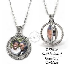 This elegant Custom Photo double sided round necklace is the perfect way to keep your loved ones close to your heart. With a rotating design, you can display a different photo on each side, making it a versatile and sentimental piece. Available in silver or gold finish, with a touch of sparkle from the rhinestone edging. Show your unique style and cherish special memories with this beautiful necklace. The personalized picture necklace is a thoughtful gift for any occasion, from Mother's Day to Valentine's Day. It's also a meaningful way to honor the memory of a loved one or add a special touch to a wedding bouquet. A perfect blend of sentiment and style. Metal Finish: Silver or Gold plated alloy Pendant Size: 35mm (1.38 inch) x 35 (1.38 inch) Inner Photo portion is approximately 25mm (1 in Adjustable Round Keepsake Jewelry, Stainless Steel Round Pendant Locket Necklace, Adjustable Round Pendant Locket Necklace, Round Locket Necklace With Detachable Pendant As Gift, Personalized Adjustable Round Locket Necklace, Round Pendant Jewelry With Rotating Bezel Gift, Rotating Bezel Round Pendant Jewelry As A Gift, Anniversary Locket Necklace With Adjustable Chain, Picture Necklace