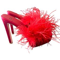 Fits True To Size, Order Your Normal Size Open Square Toe Slip On Feather Detail At Toe Strap 5.75" Covered Stiletto Heel, 2" Platform, Feels Like 3.75" Heel Real Turkey And Ostrich Feathers, Origin: China, Dyed Fabric And Turkey/Ostrich Feather Upper, Synthetic Lining And Sole Imported New In Box Size 6 Glamourous Heels, Purple Weave, Block Heel Mules, Turkey Feathers, Platform Wedge Heels, Rhinestone Heels, Studded Heels, Ostrich Feather, Platform Sandals Heels