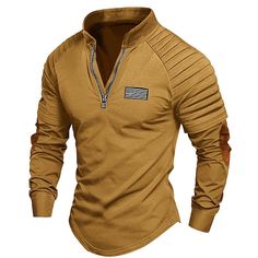 Season:Spring   Fall; Fabric:35%Cotton 65%Polyester; Sleeve Length:Long Sleeve; Look After Me:Machine wash,Washable; Gender:Men's; Style:Basic,Designer,Fashion; Elasticity:Micro-elastic; Tops Type:T shirt Tee,Tee Top,Long Sleeve Shirt,Quarter Zip Tee; Occasion:Street,Casual Daily,Going out,Vacation; Age Group:Adults; Fit Type:Regular Fit; Pattern:National Flag,Color Block,Slim Pleated; Design:Patchwork,Embroidery; Neckline:Quarter Zip; Brand:OUKU; Front page:FF; Listing Date:12/25/2023; Bust:; Length: Military Style Long Sleeve Tops With Relaxed Fit, Military Style Long Sleeve Tops With Patch Pockets, Military Style Long Sleeve Cotton Shirt, Khaki Military Tops With Patch Pockets, Military Style Cotton Long Sleeve Shirt, Embroidery Clothing, Patchwork Embroidery, Embroidery Neckline, Mens Casual T Shirts