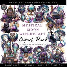 Immerse yourself in the mystical world of moonlit magic with our Mystical Moon Witchcraft Clipart Pack, featuring 32 captivating and beautifully crafted illustrations. This collection includes a variety of enchanting elements such as spell books, potions, magical creatures, and more. Each illustration is meticulously detailed, perfect for adding a touch of magic to your junk journals, scrapbooking, card making, invitations, planner stickers, and more! ** Please note ** - This is a digital produc Moon Witchcraft, Witch Clipart, Mystical Moon, Spell Books, Moon Witch, Mystical World, Magical Creatures, Spell Book, Creative Crafts