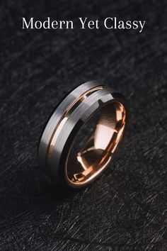 the modern yet classy wedding band is shown in gold and silver