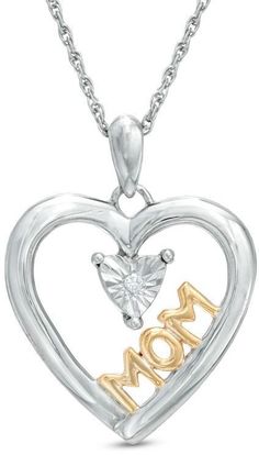 Zales Diamond Accent Heart with "MOM" Pendant in Sterling Silver and 14K Gold Plate Personalized Diamond Jewelry For Mother's Day, Mother's Day Anniversary Jewelry With Diamond Accents, Diamond Accented Jewelry For Anniversary On Mother's Day, Engraved Diamond Jewelry For Mother's Day, Silver Jewelry With Hallmark For Mother's Day, White Engraved Heart Necklace For Mother's Day, Mother's Day Engraved Diamond Jewelry, Engraved White Heart Necklace For Mother's Day, Mother's Day Anniversary Jewelry With Hallmarks