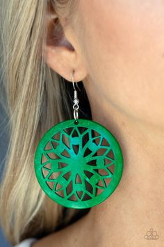 A bold mandala-inspired design is carved out of an oversized green disc creating an eye-catching statement. Earring attaches to a standard fishhook fitting. Sold as one pair of earrings. Paparazzi Jewelry Images, Pink Bubbles, Green Jewelry, July 2022, Statement Earring, Fish Hook Earrings, Paparazzi Accessories, Green Earrings, Wooden Earrings