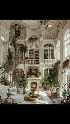 a large living room filled with furniture and lots of greenery on the walls next to a fire place