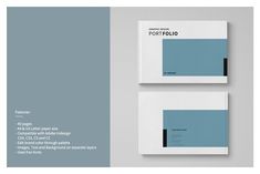 two white and blue brochures with black accents